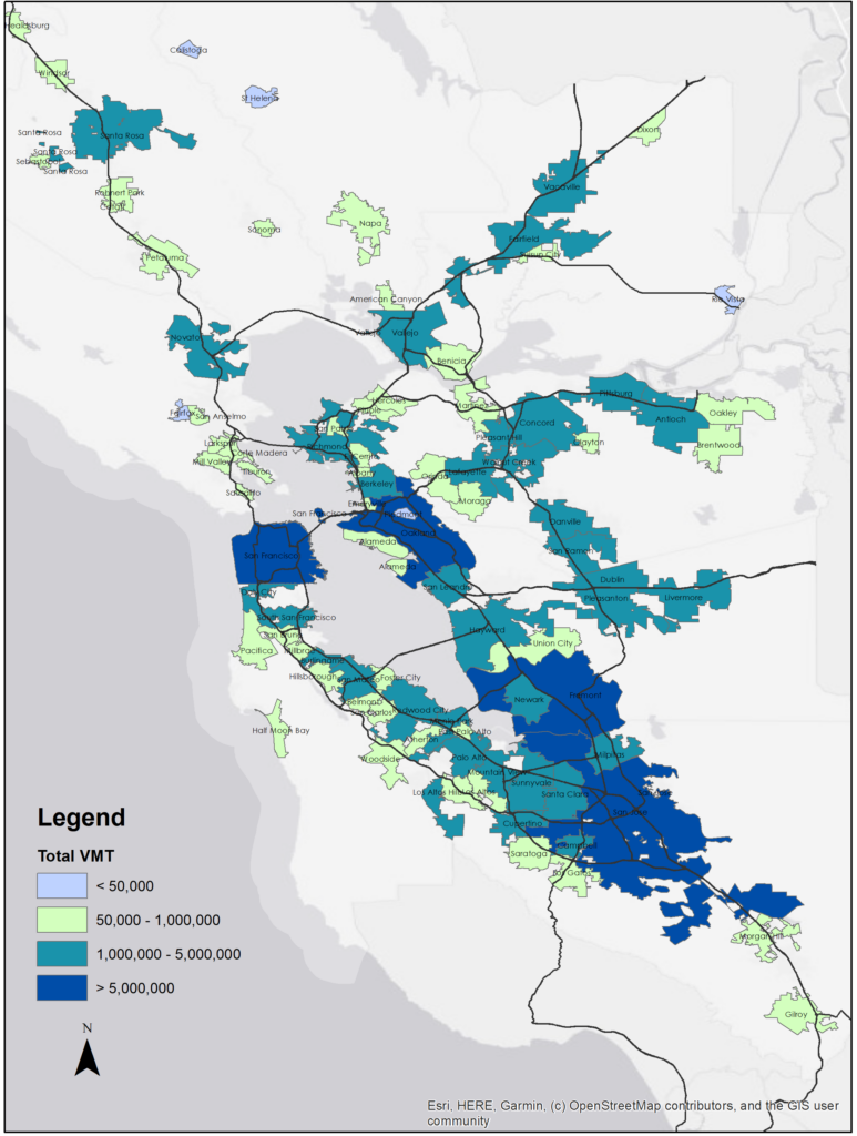 vehicle miles travelled for all cities in the bay area